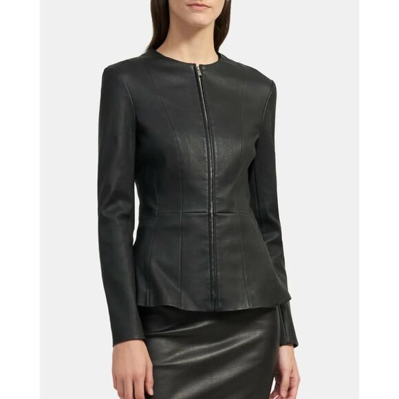 Neiman Marcus Badgley Mischka Peplum Soft Black Lined Leather Jacket - Small EUC - Picture 1 of 14